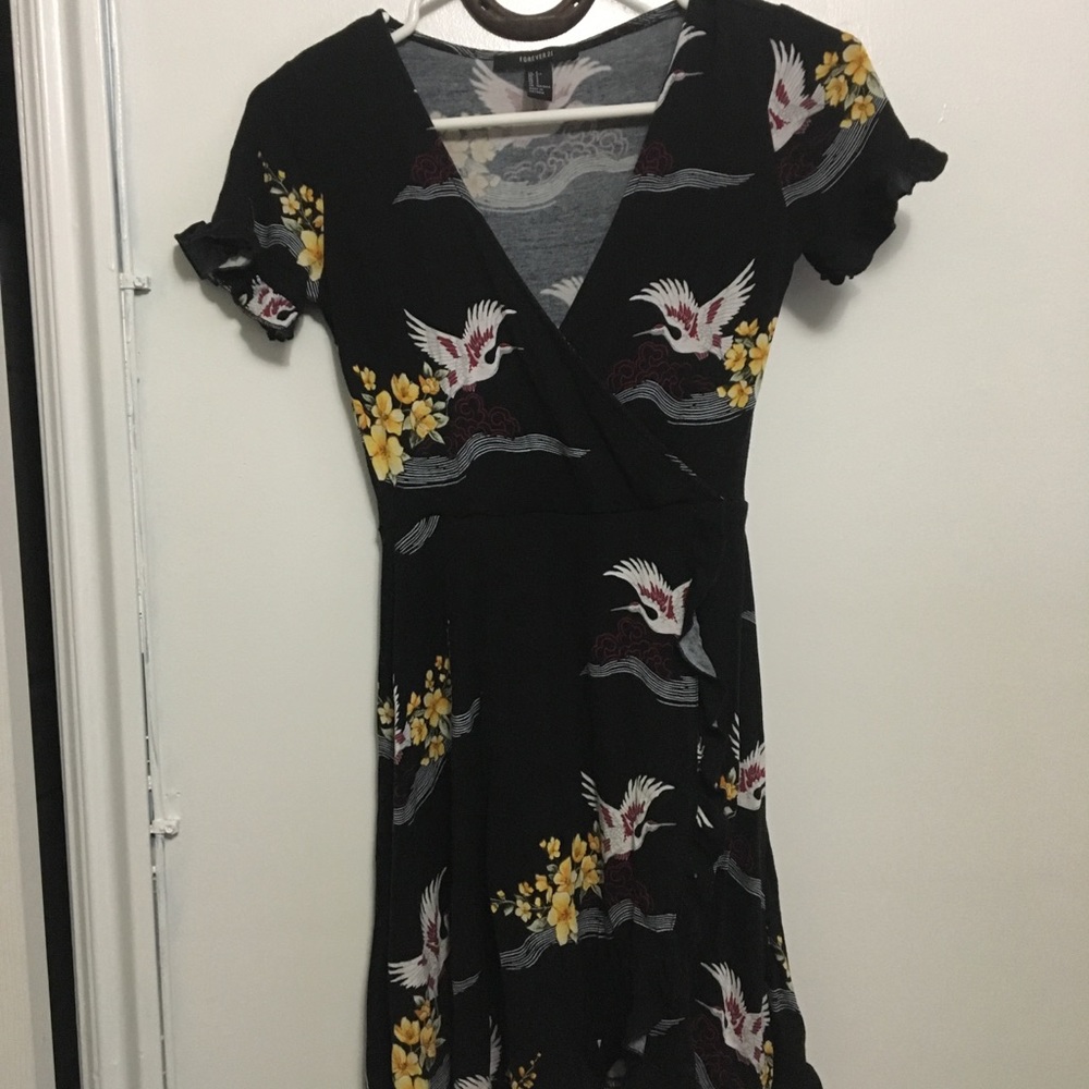Black Crane Print Wrap Dress